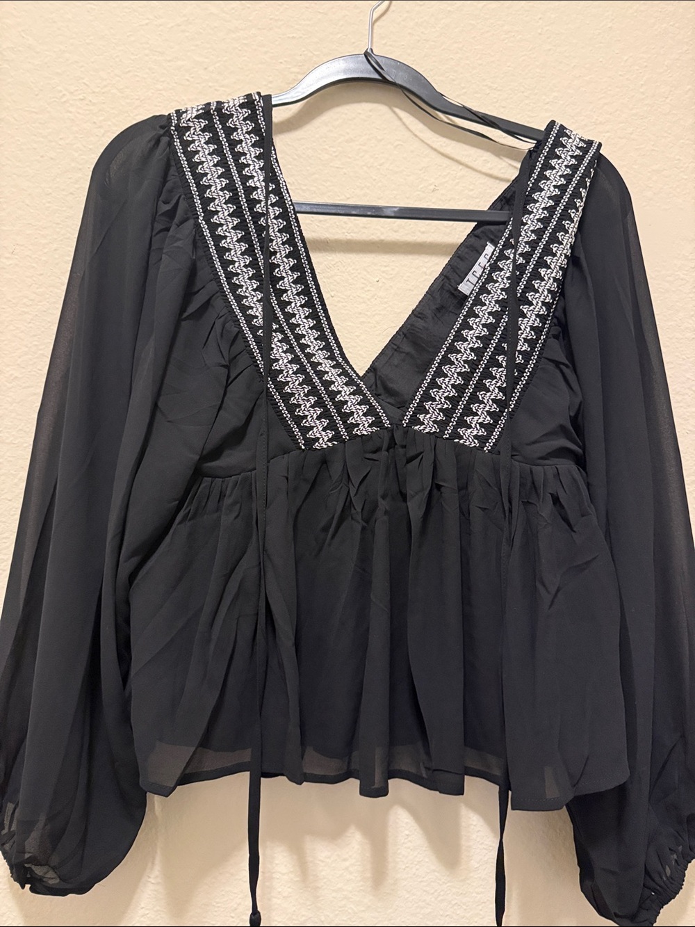 #181. TCEC Black Embroidered V-Neck Peasant Blouse